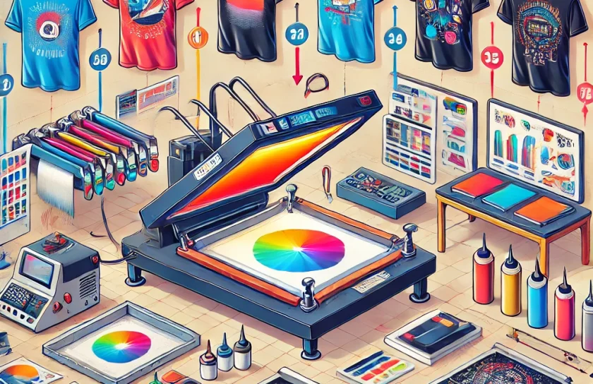 DALL·E 2024-07-04 14.47.02 – An image showcasing different t-shirt printing methods side by side. On the left, depict a screen printing setup with vibrant, long-lasting colors bei
